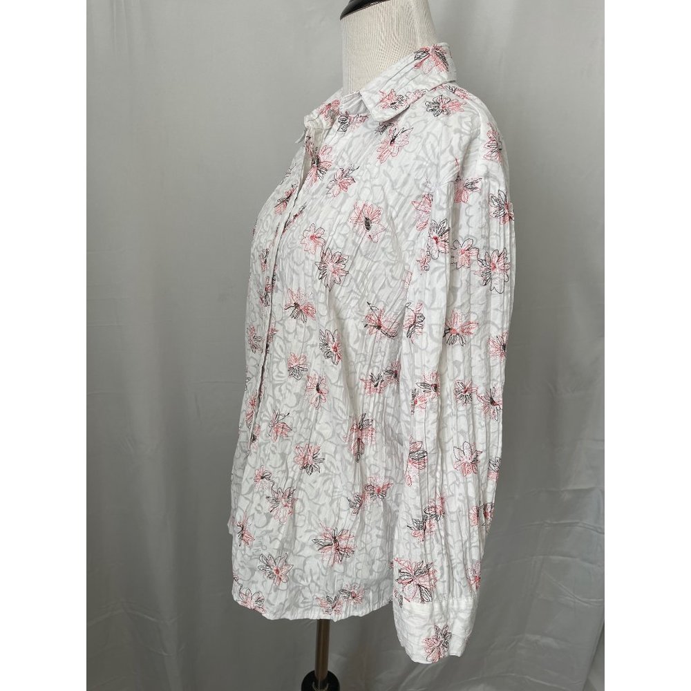 apt.9 White w/ Coral/Brown Floral Embroidered Crinkle Textured Button-up Shirt - Picture 9 of 10